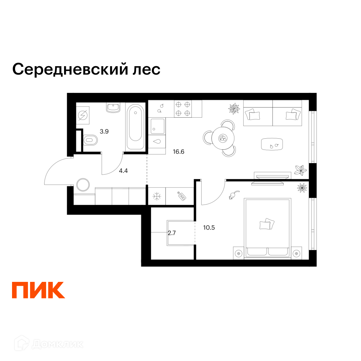 Планировка 1-комн. в ЖК «Середневский лес»