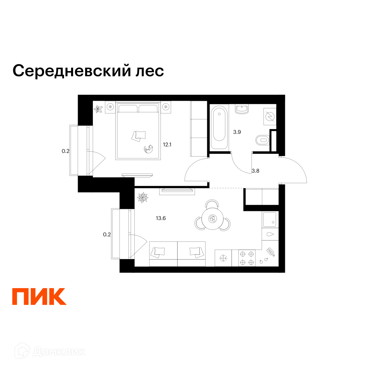 Планировка 1-комн. в ЖК «Середневский лес»