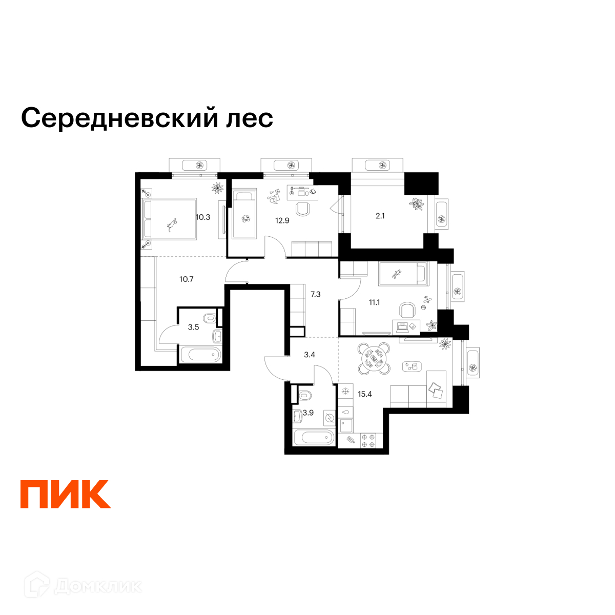 Планировка 3-комн. в ЖК «Середневский лес»