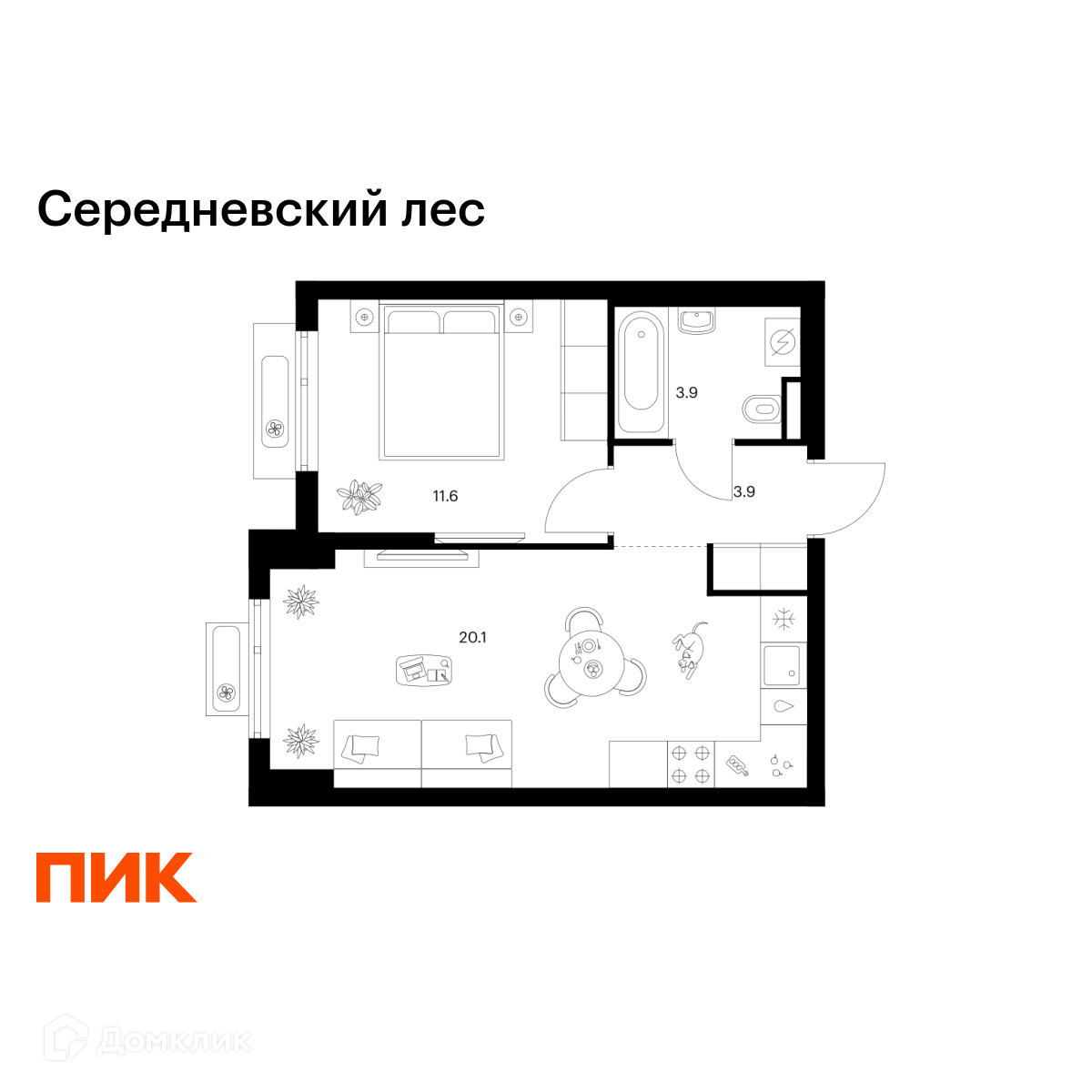 Планировка 1-комн. в ЖК «Середневский лес»