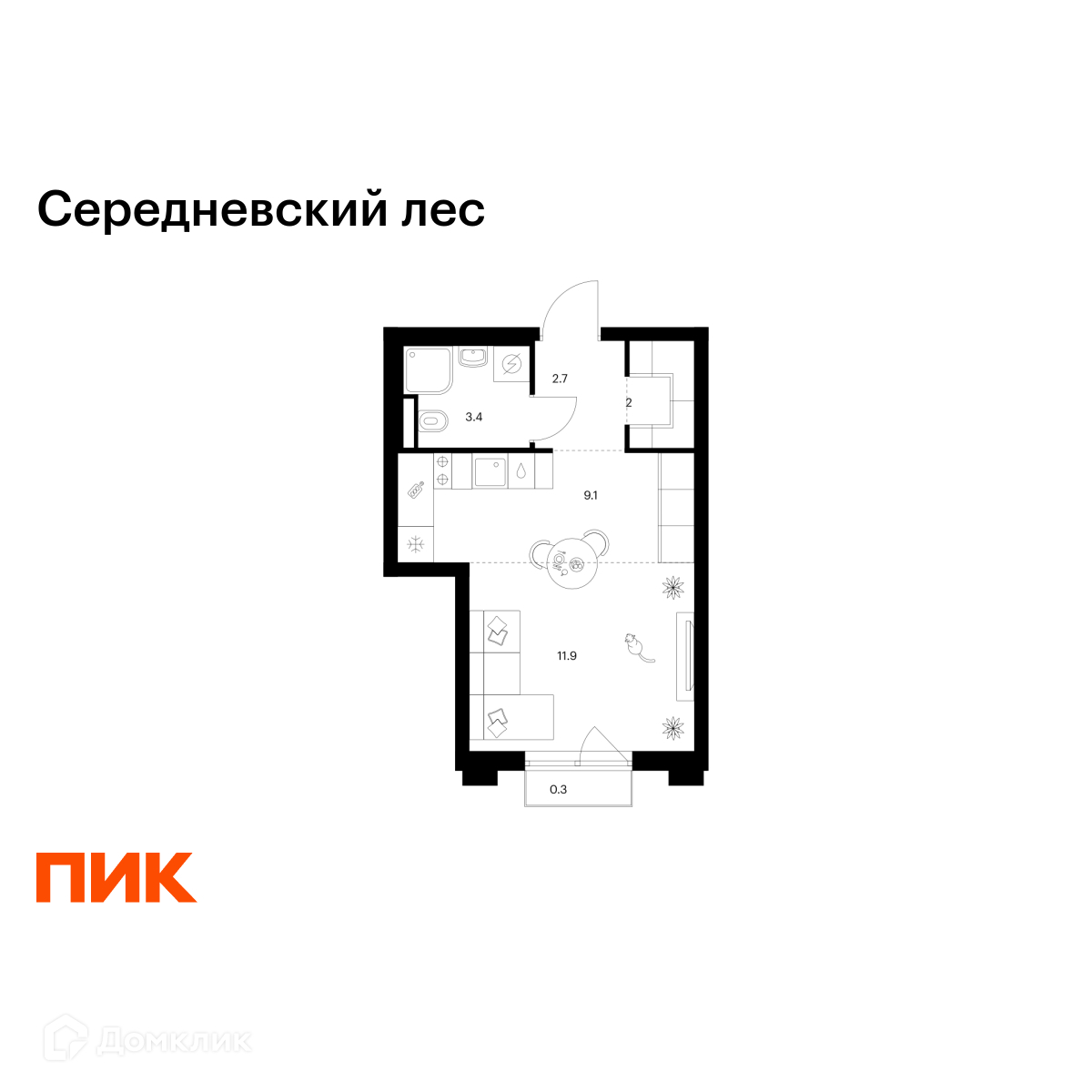 Планировка 1-комн. в ЖК «Середневский лес»
