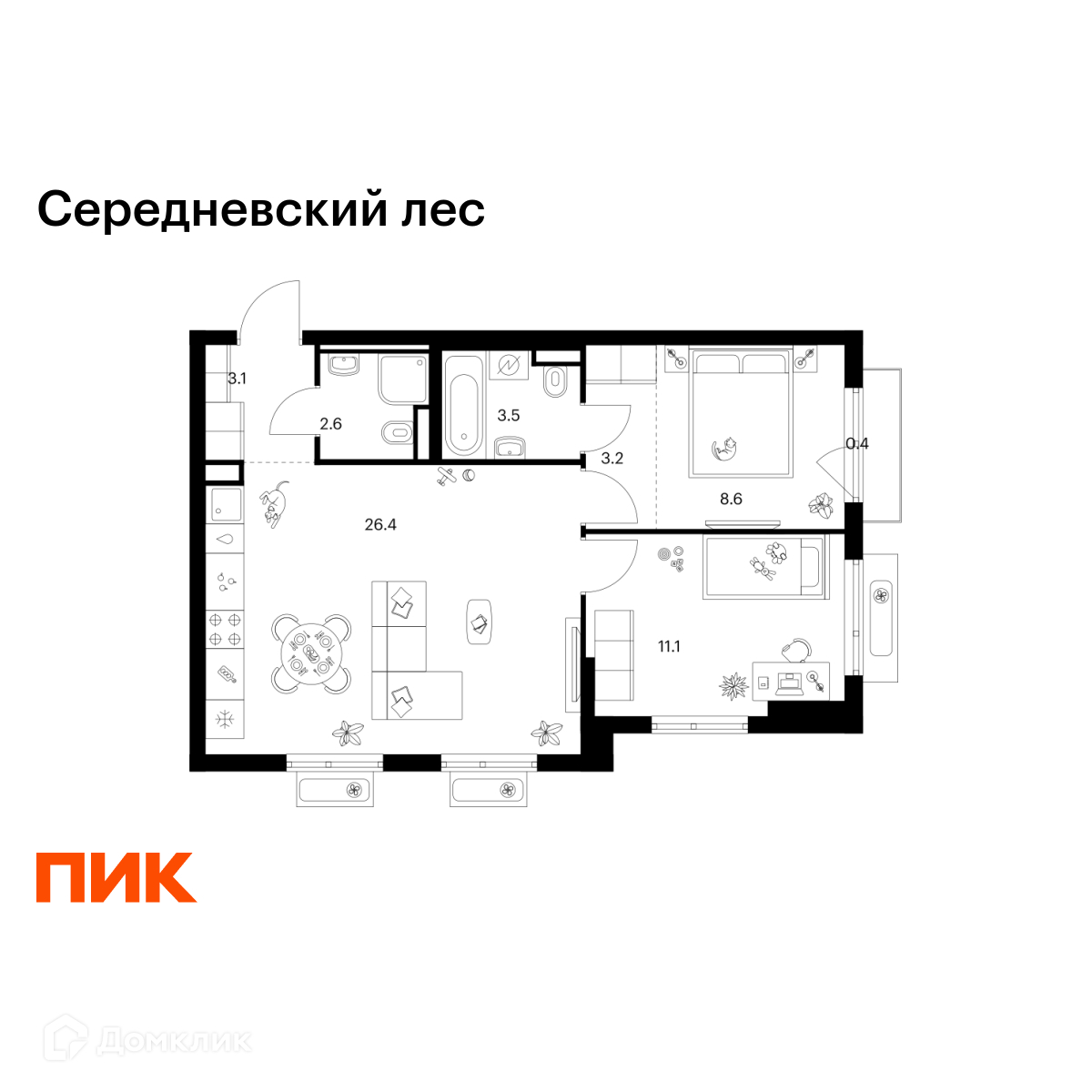 Планировка 2-комн. в ЖК «Середневский лес»