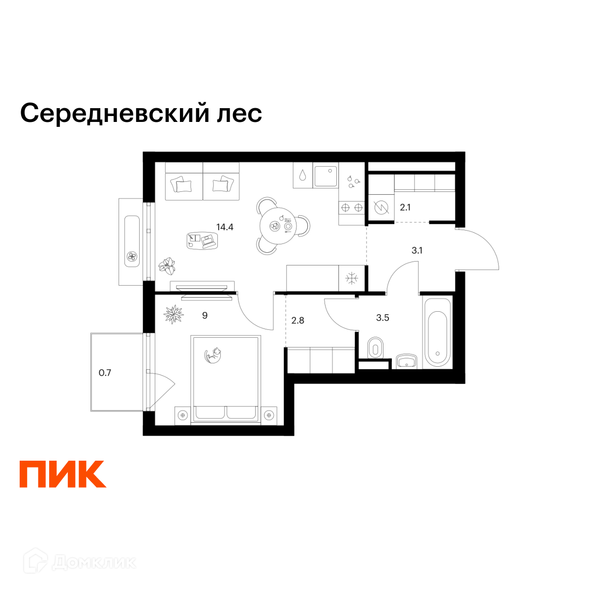 Планировка 1-комн. в ЖК «Середневский лес»