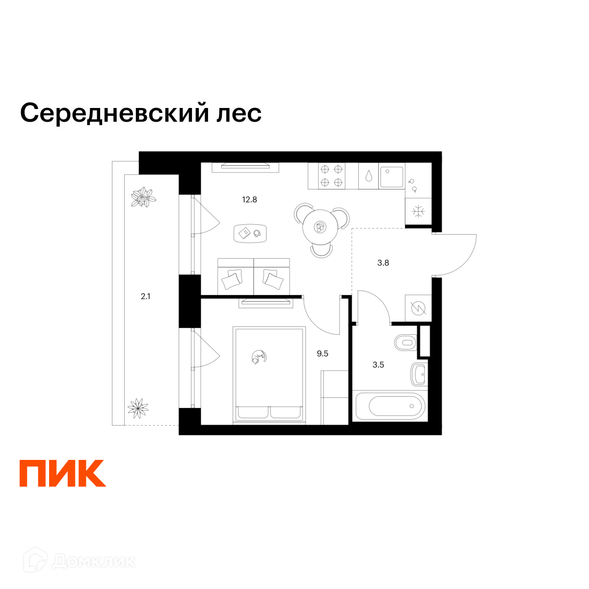 Планировка 1-комн. в ЖК «Середневский лес»