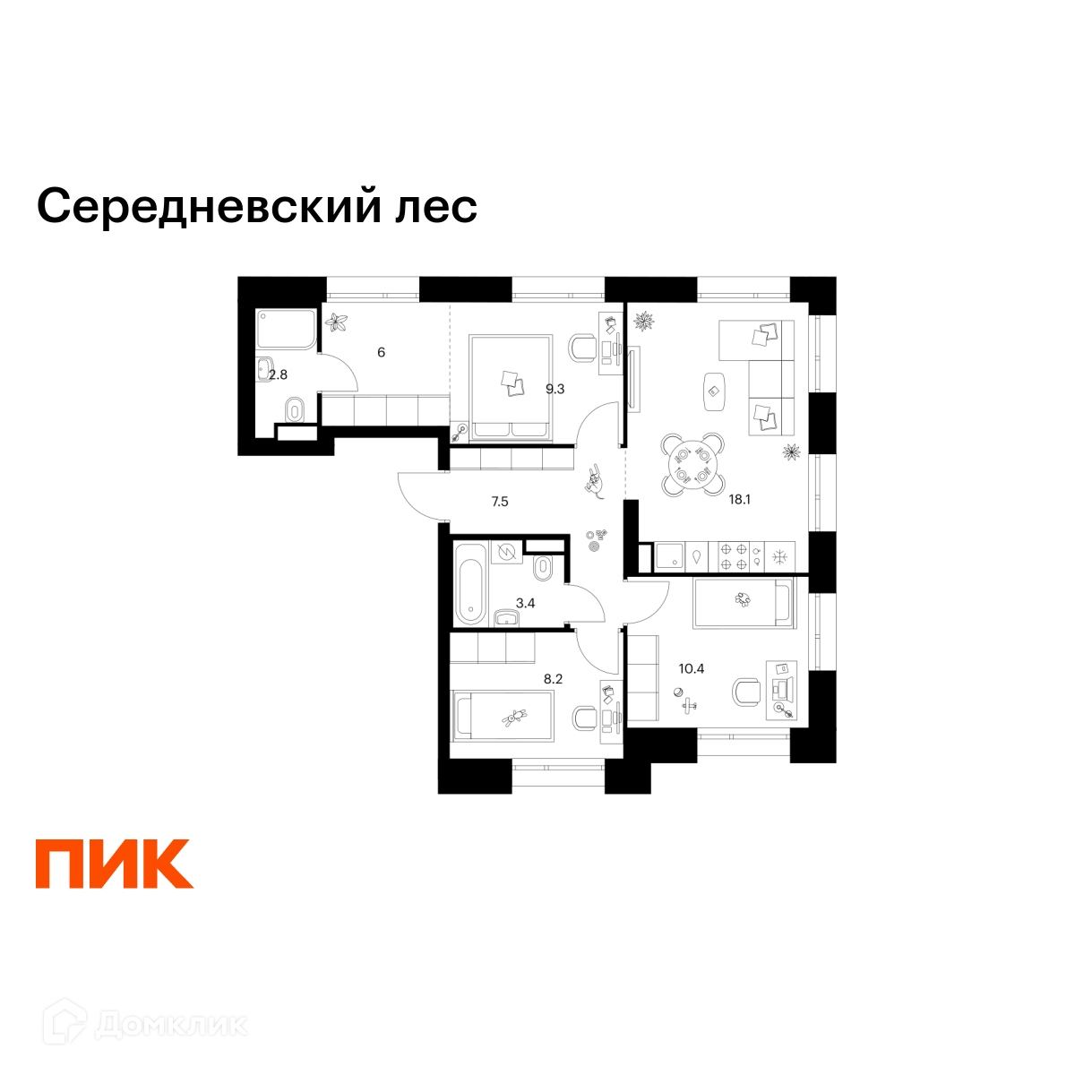 Планировка 3-комн. в ЖК «Середневский лес»