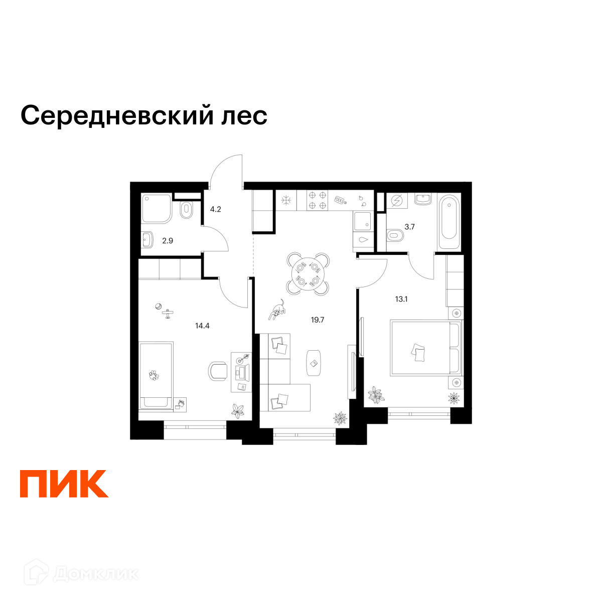 Планировка 2-комн. в ЖК «Середневский лес»