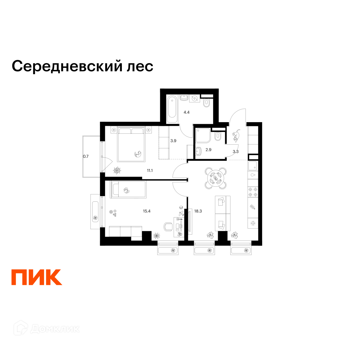 Планировка 2-комн. в ЖК «Середневский лес»