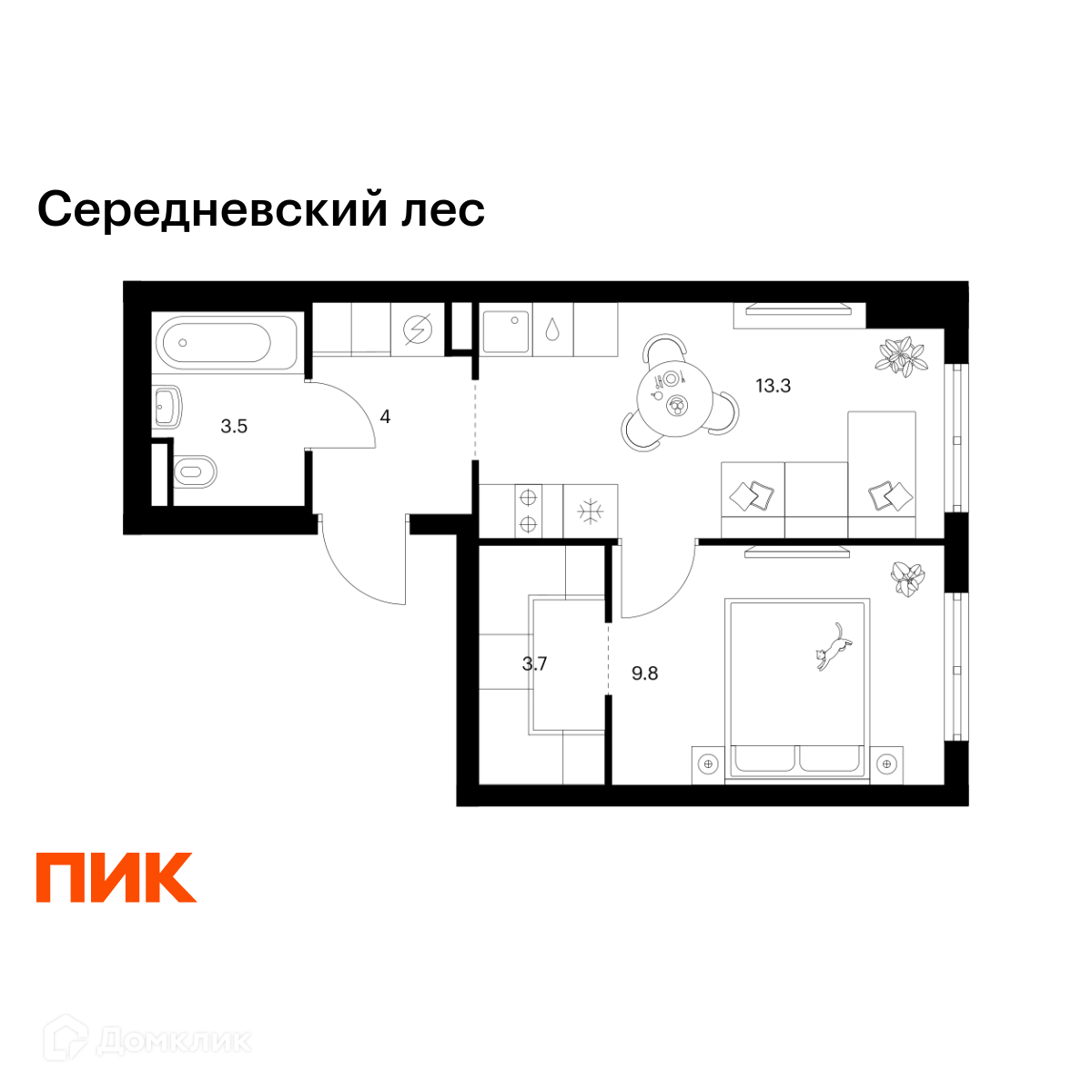 Планировка 1-комн. в ЖК «Середневский лес»