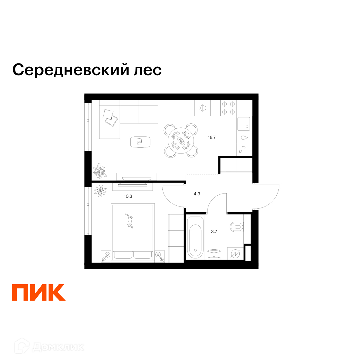 Планировка 1-комн. в ЖК «Середневский лес»