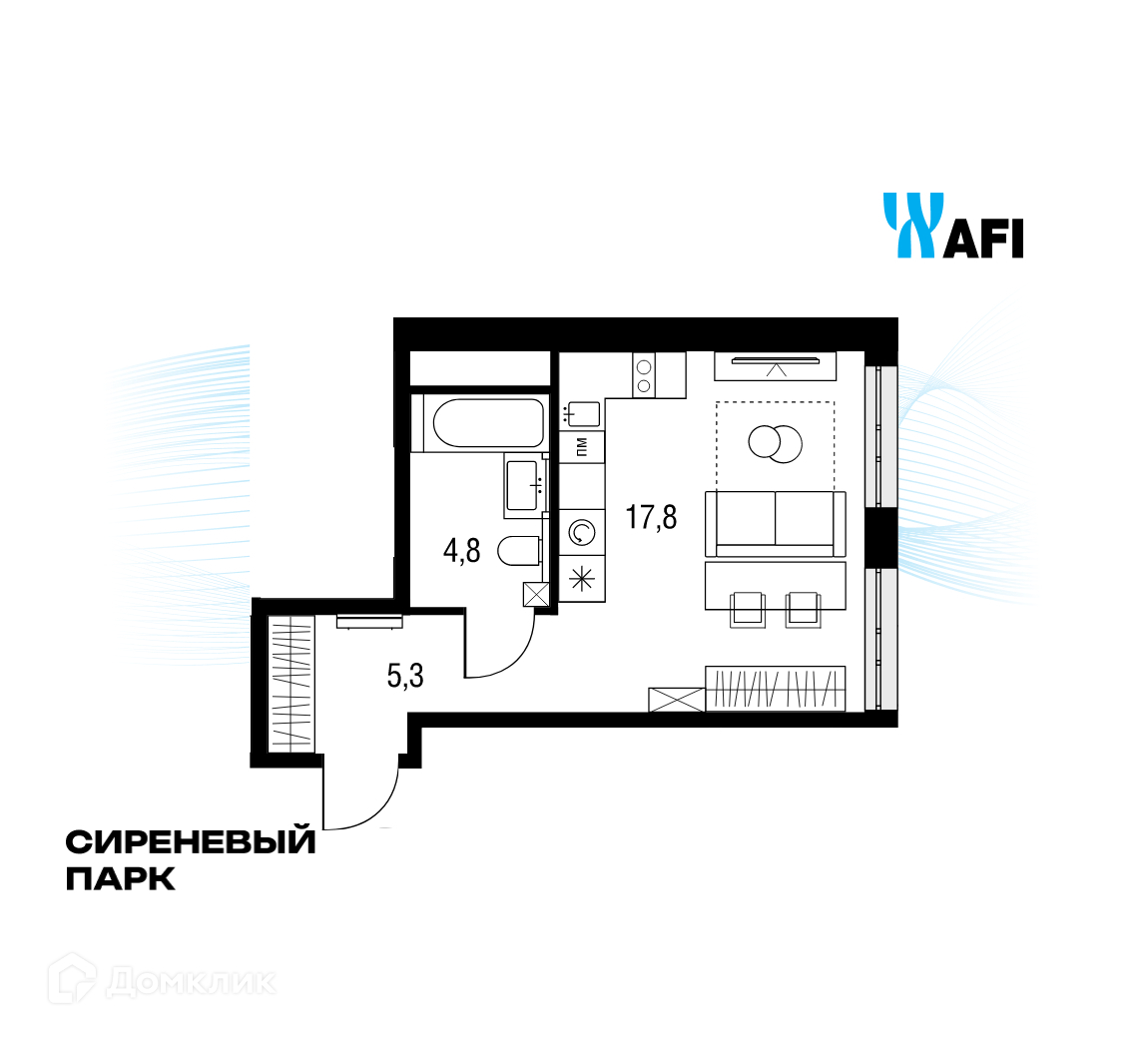 Планировка 1-комн. в ЖК «Сиреневый парк»