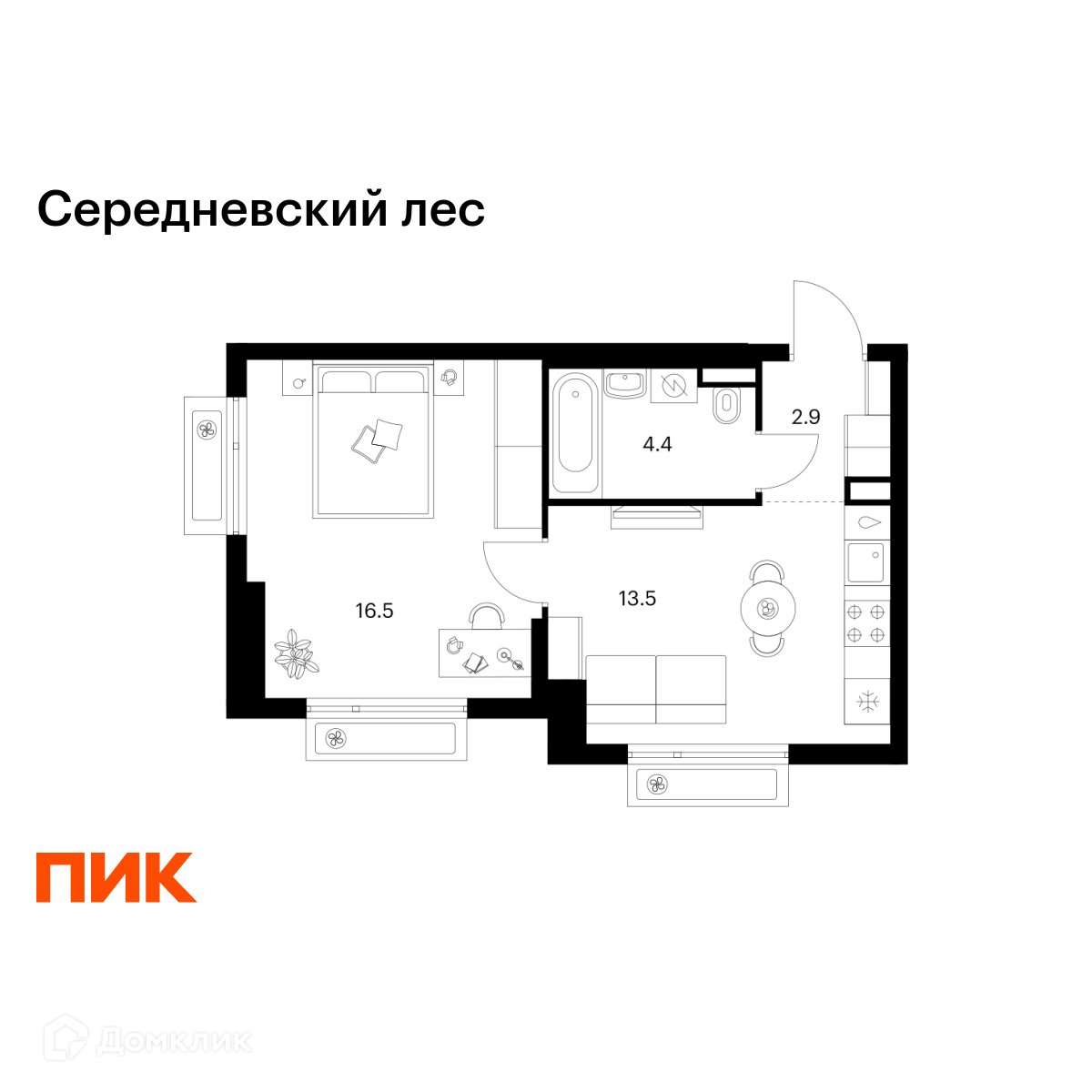 Планировка 1-комн. в ЖК «Середневский лес»