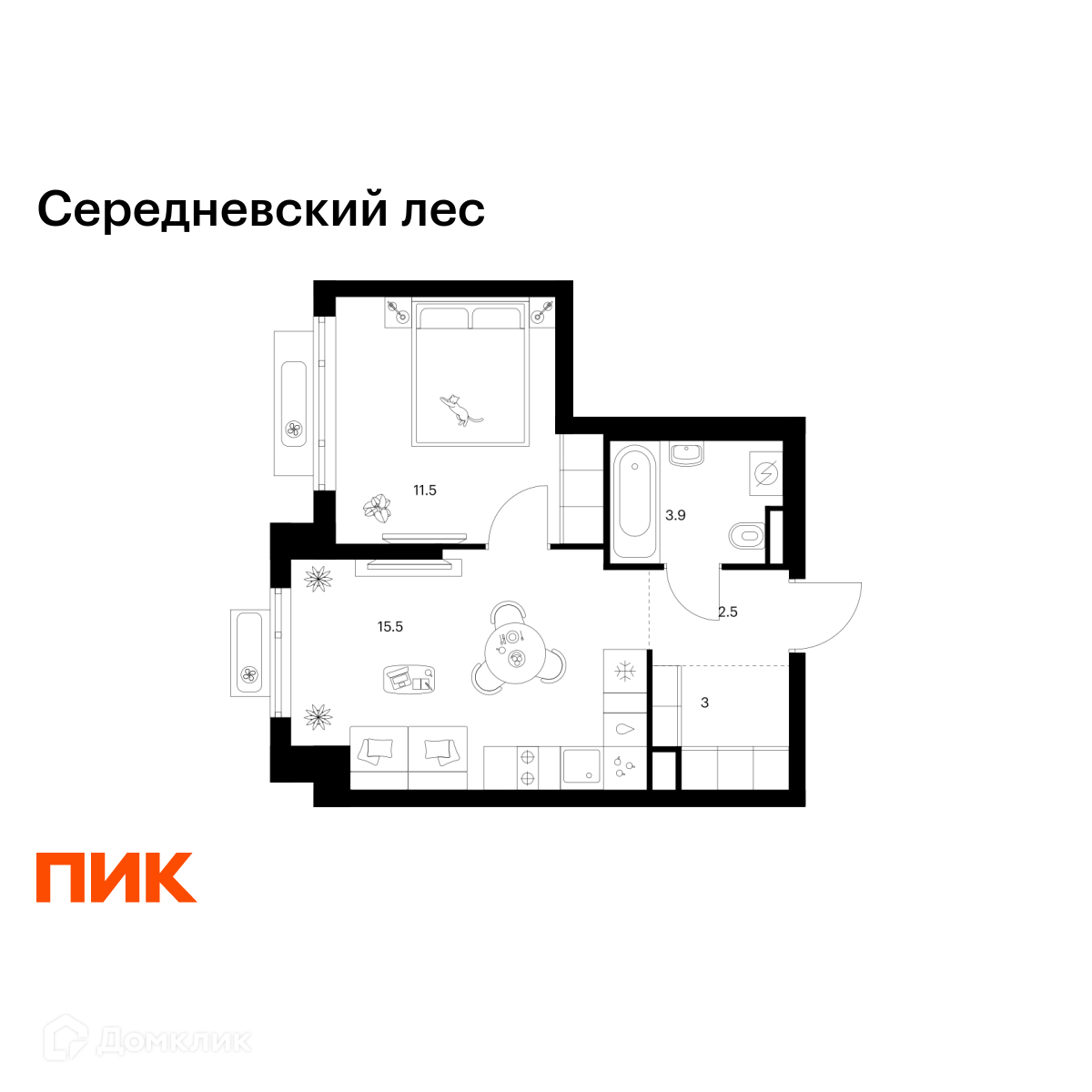 Планировка 1-комн. в ЖК «Середневский лес»