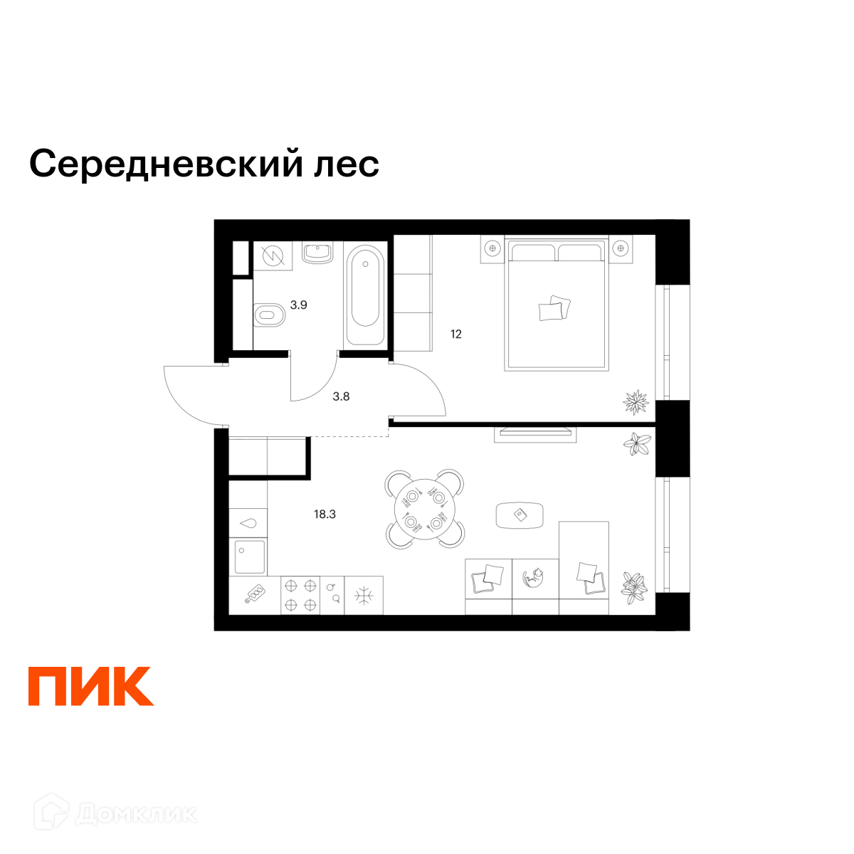 Планировка 1-комн. в ЖК «Середневский лес»
