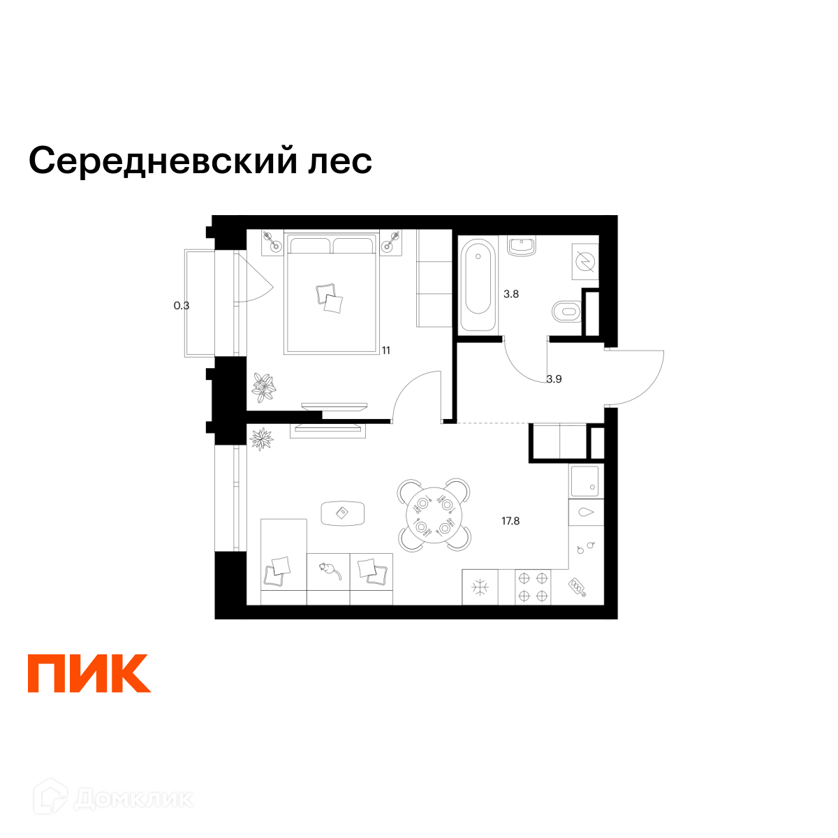 Планировка 1-комн. в ЖК «Середневский лес»