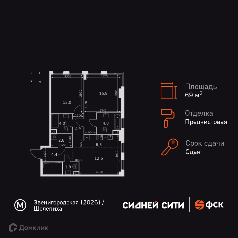 Планировка 2-комн. в ЖК «Сидней Сити»