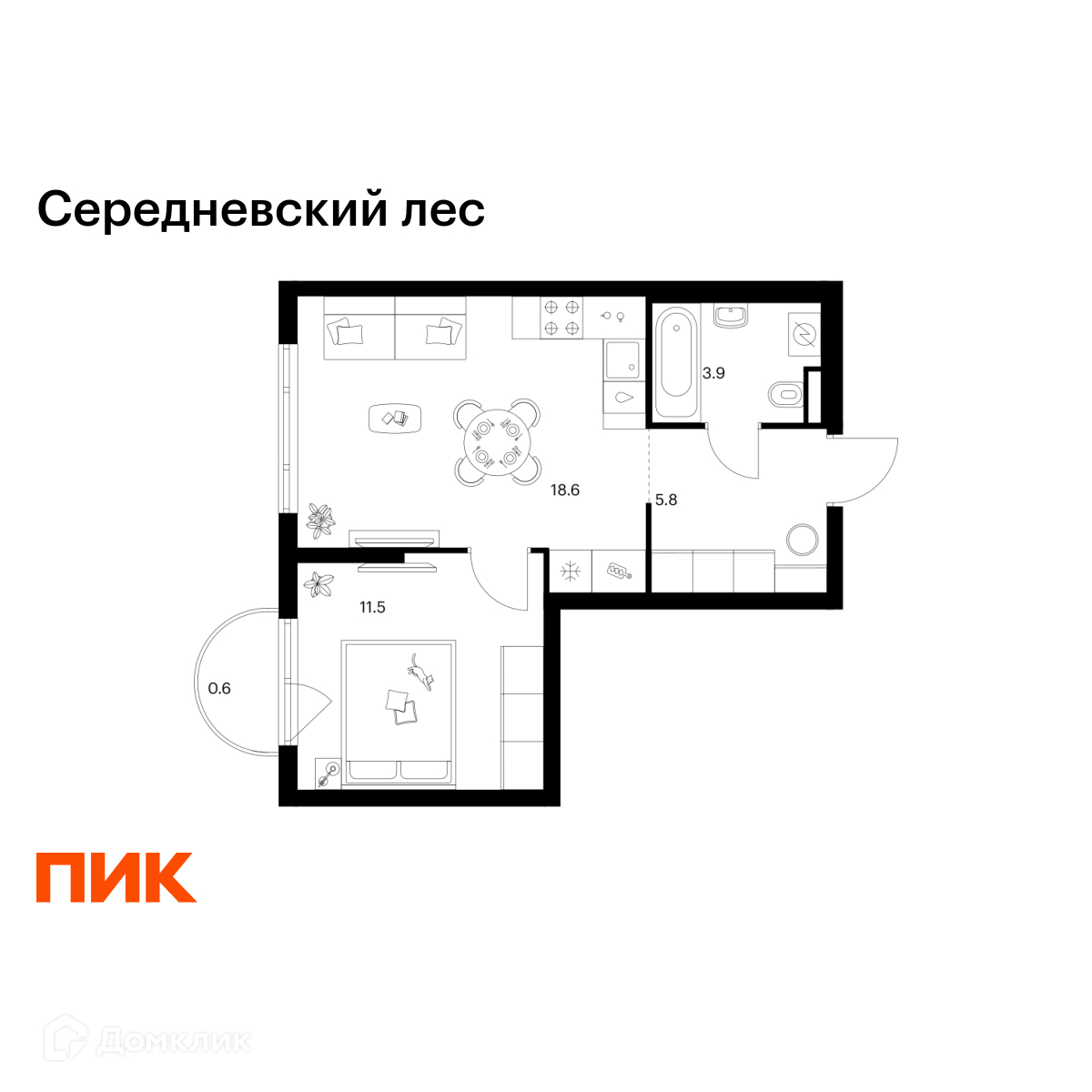 Планировка 1-комн. в ЖК «Середневский лес»