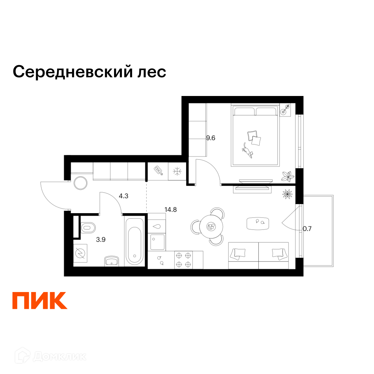 Планировка 1-комн. в ЖК «Середневский лес»