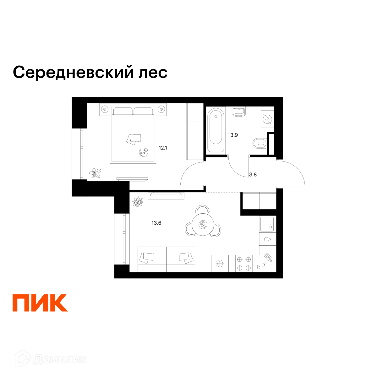 Планировка 1-комн. в ЖК «Середневский лес»