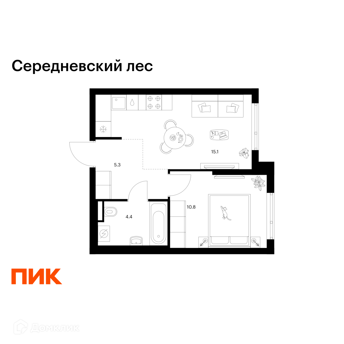 Планировка 1-комн. в ЖК «Середневский лес»