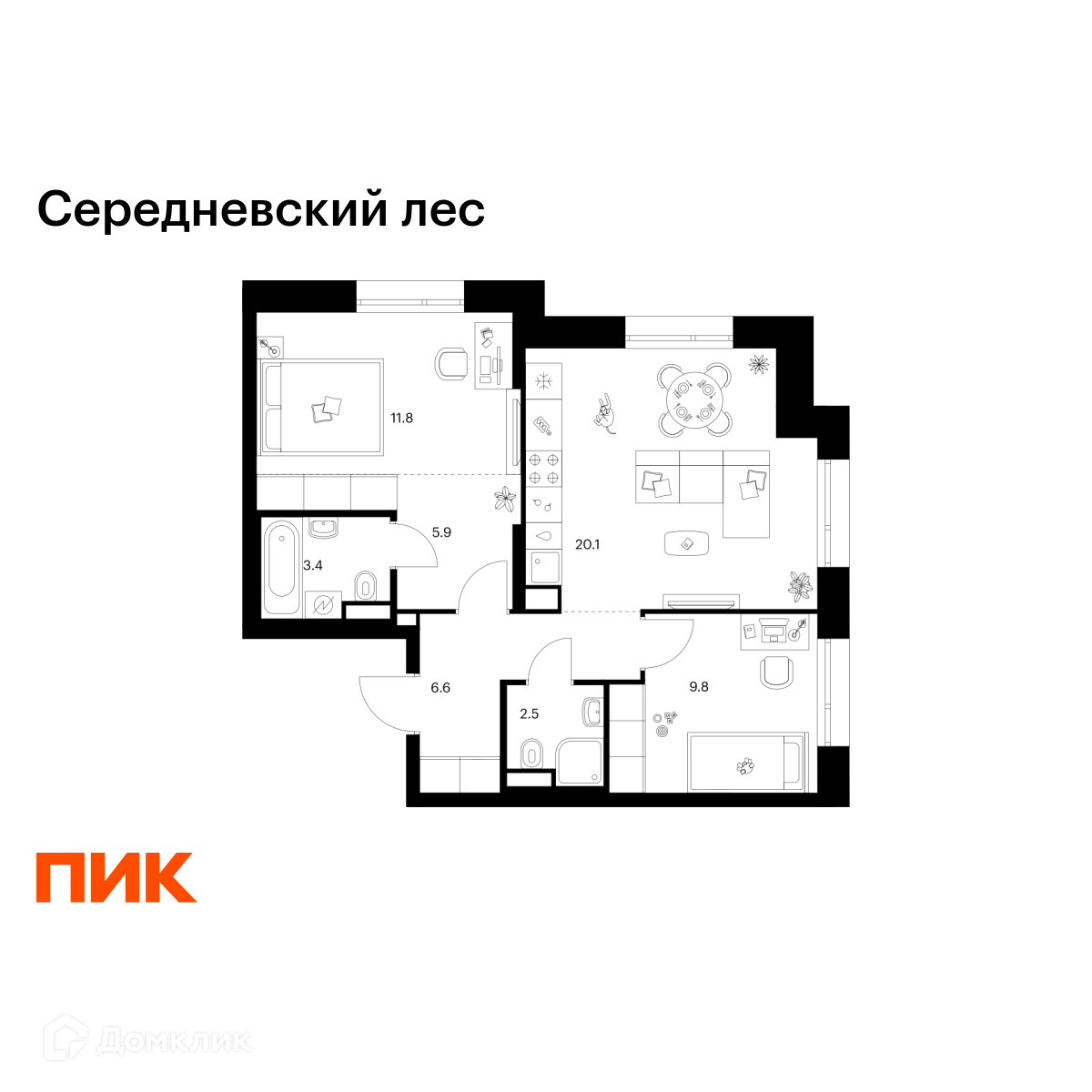 Планировка 2-комн. в ЖК «Середневский лес»