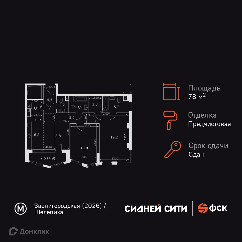 Планировка 2-комн. в ЖК «Сидней Сити»