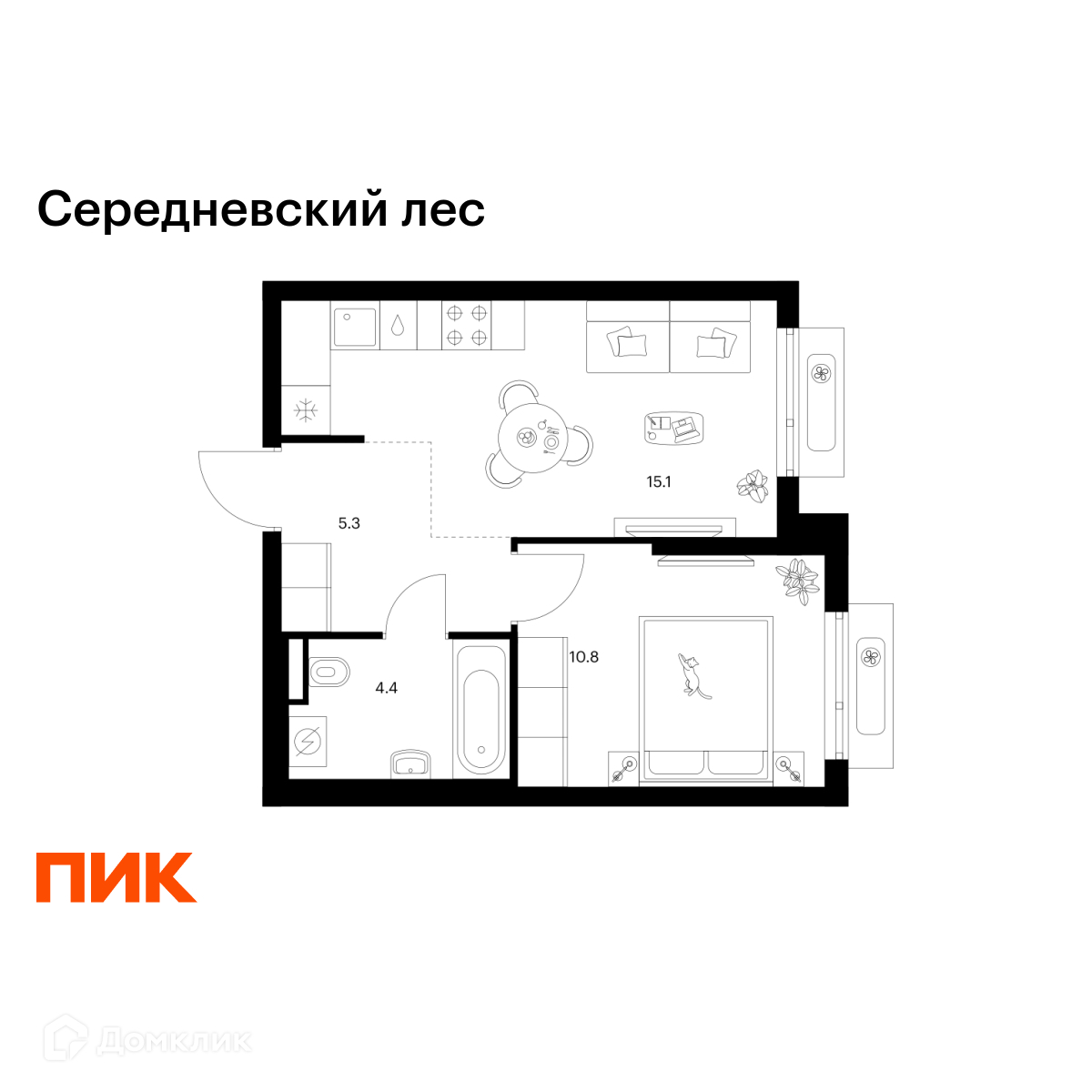 Планировка 1-комн. в ЖК «Середневский лес»