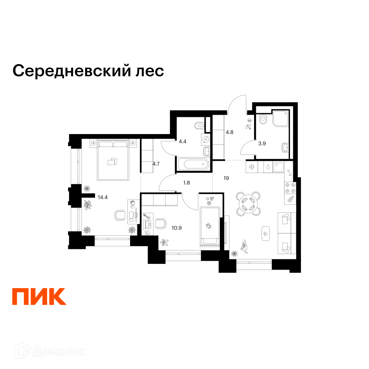 Планировка 2-комн. в ЖК «Середневский лес»