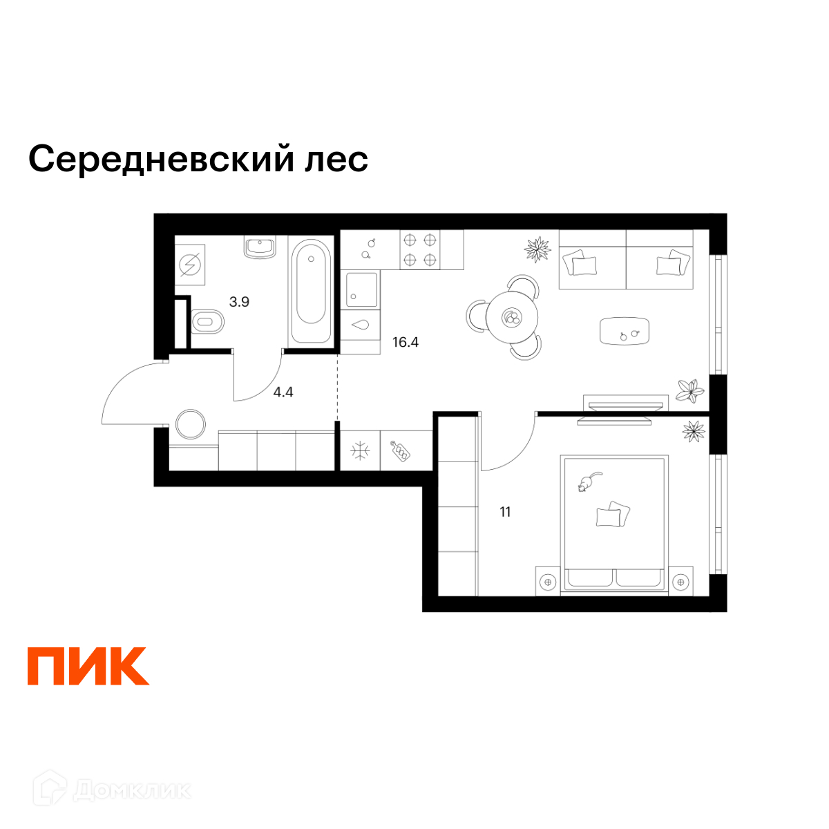 Планировка 1-комн. в ЖК «Середневский лес»