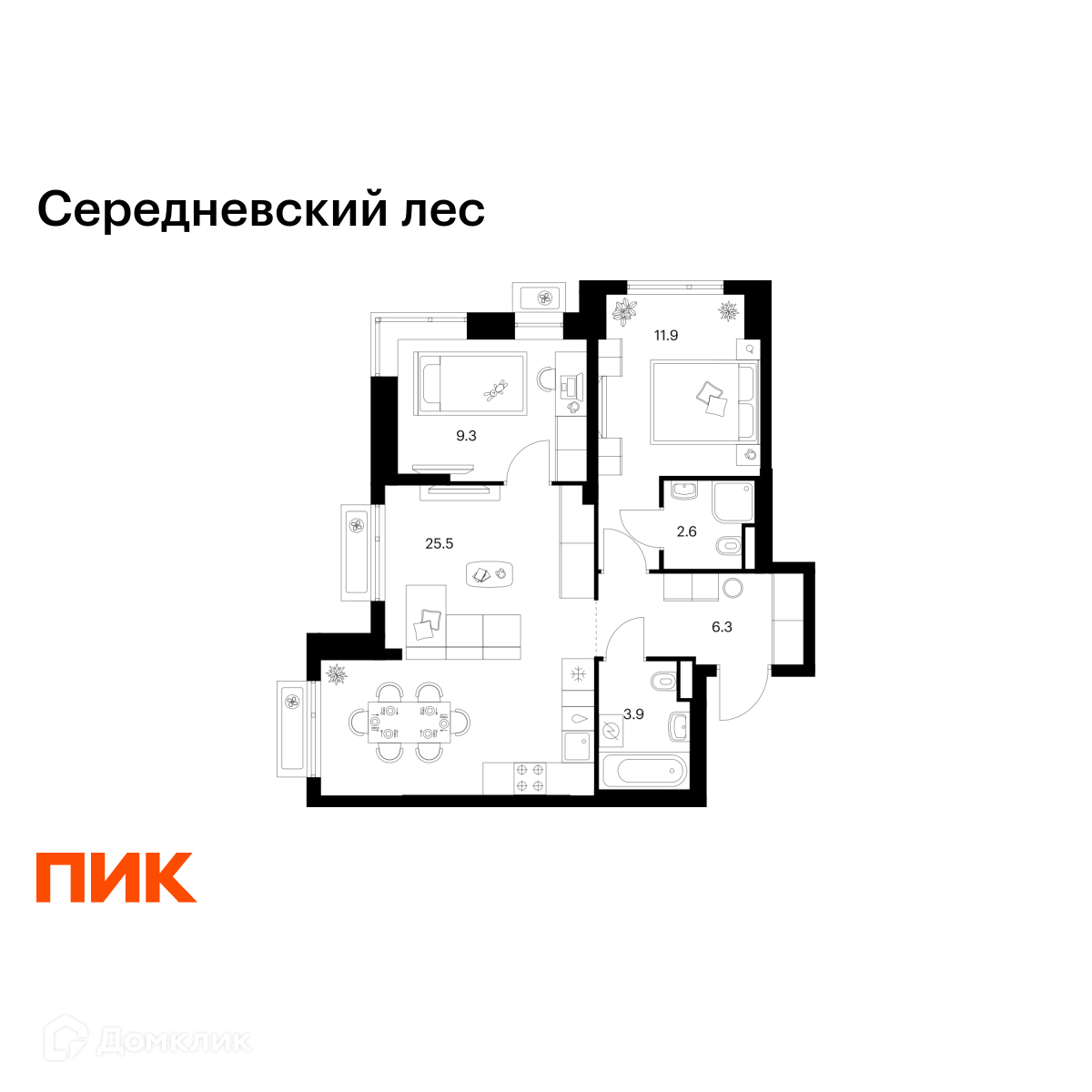 Планировка 2-комн. в ЖК «Середневский лес»