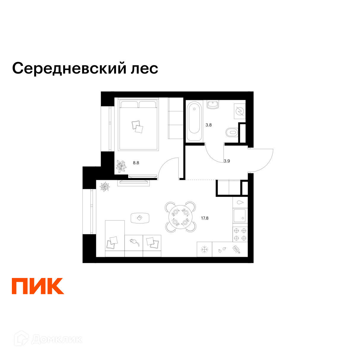 Планировка 1-комн. в ЖК «Середневский лес»