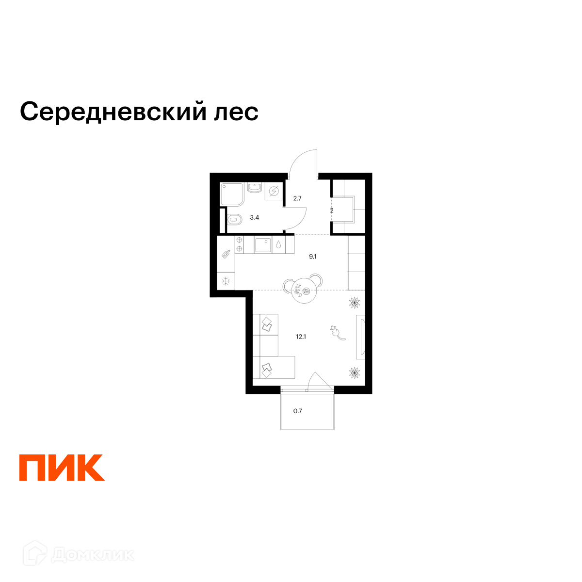 Планировка 1-комн. в ЖК «Середневский лес»