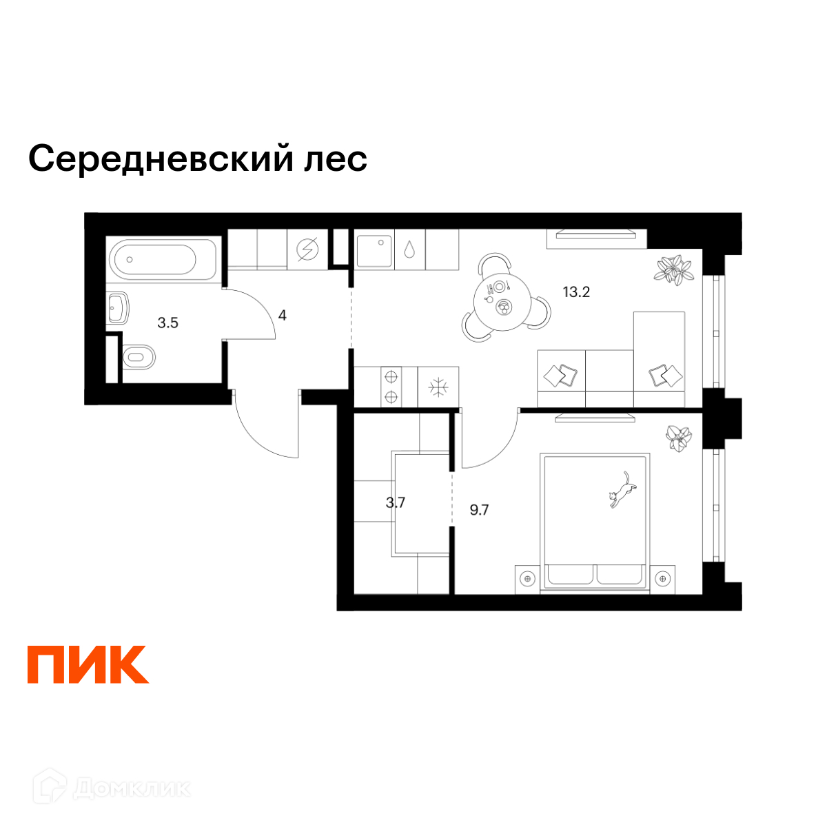 Планировка 1-комн. в ЖК «Середневский лес»