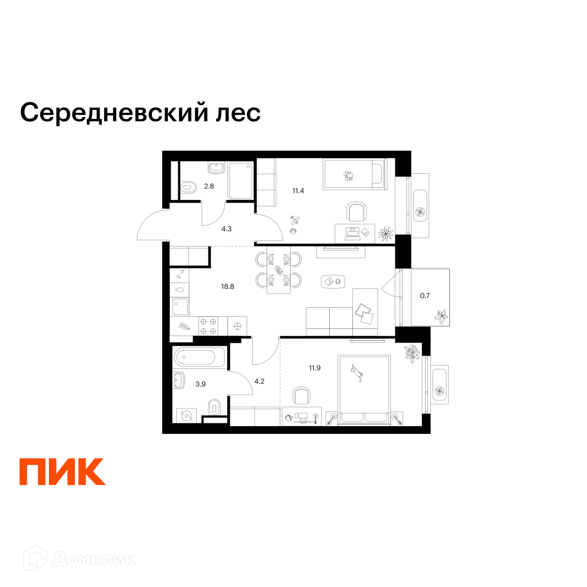 Планировка 2-комн. в ЖК «Середневский лес»