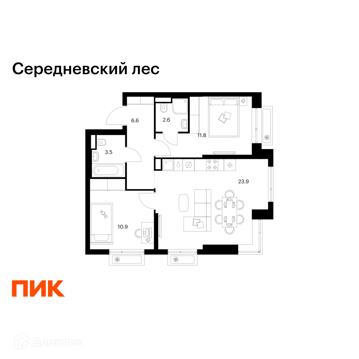 Планировка 2-комн. в ЖК «Середневский лес»
