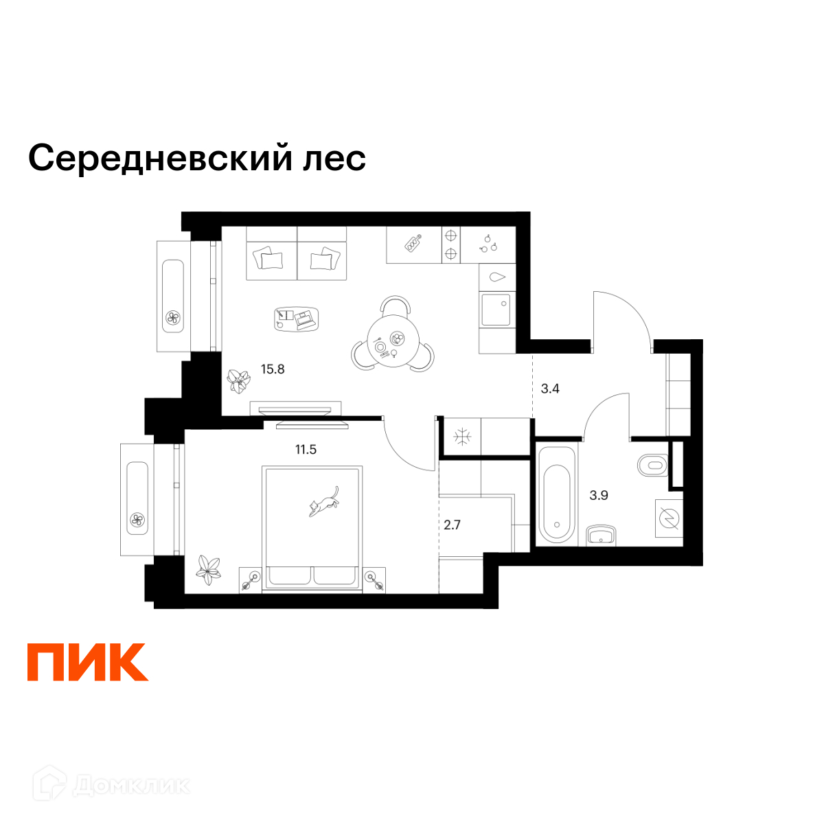 Планировка 1-комн. в ЖК «Середневский лес»