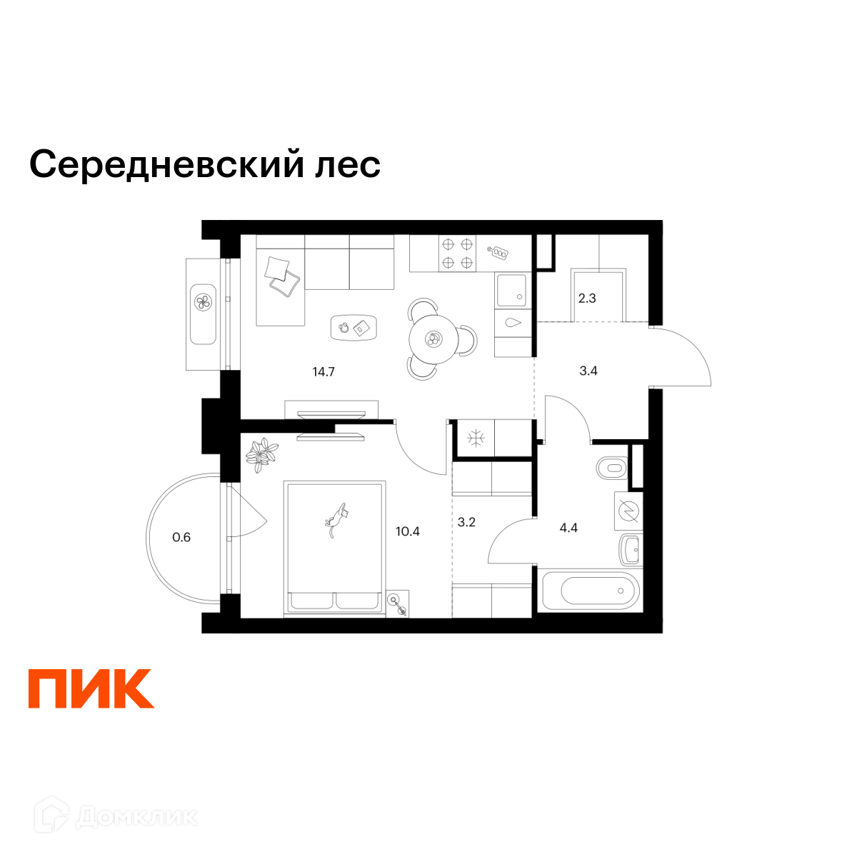 Планировка 1-комн. в ЖК «Середневский лес»