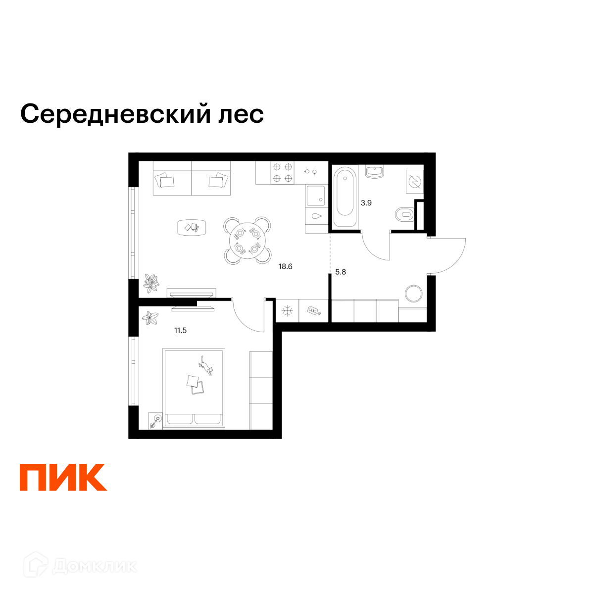 Планировка 1-комн. в ЖК «Середневский лес»
