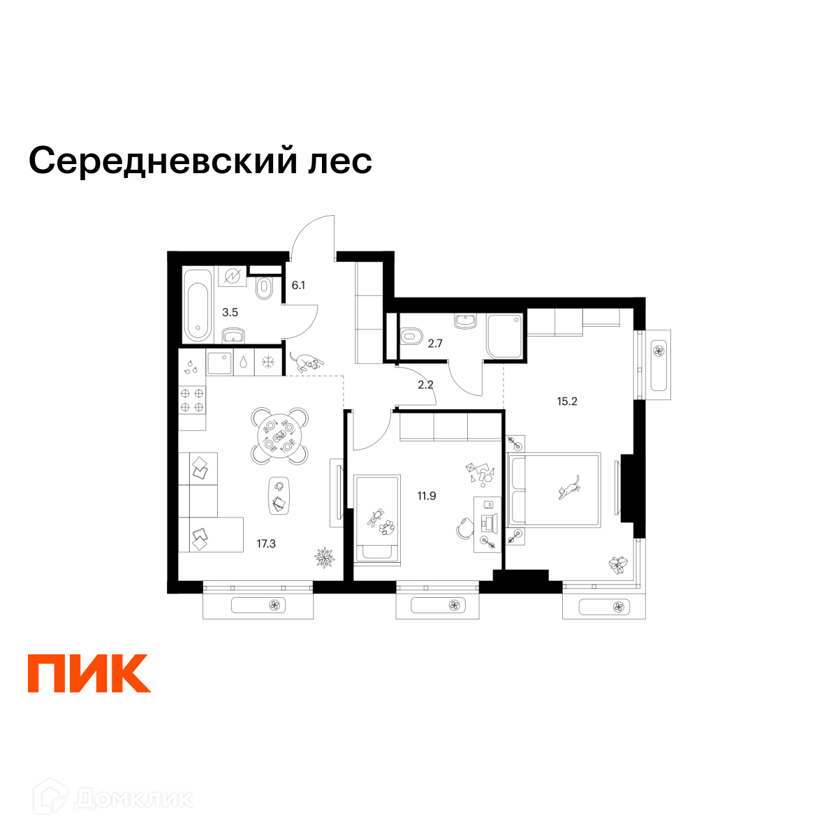 Планировка 2-комн. в ЖК «Середневский лес»