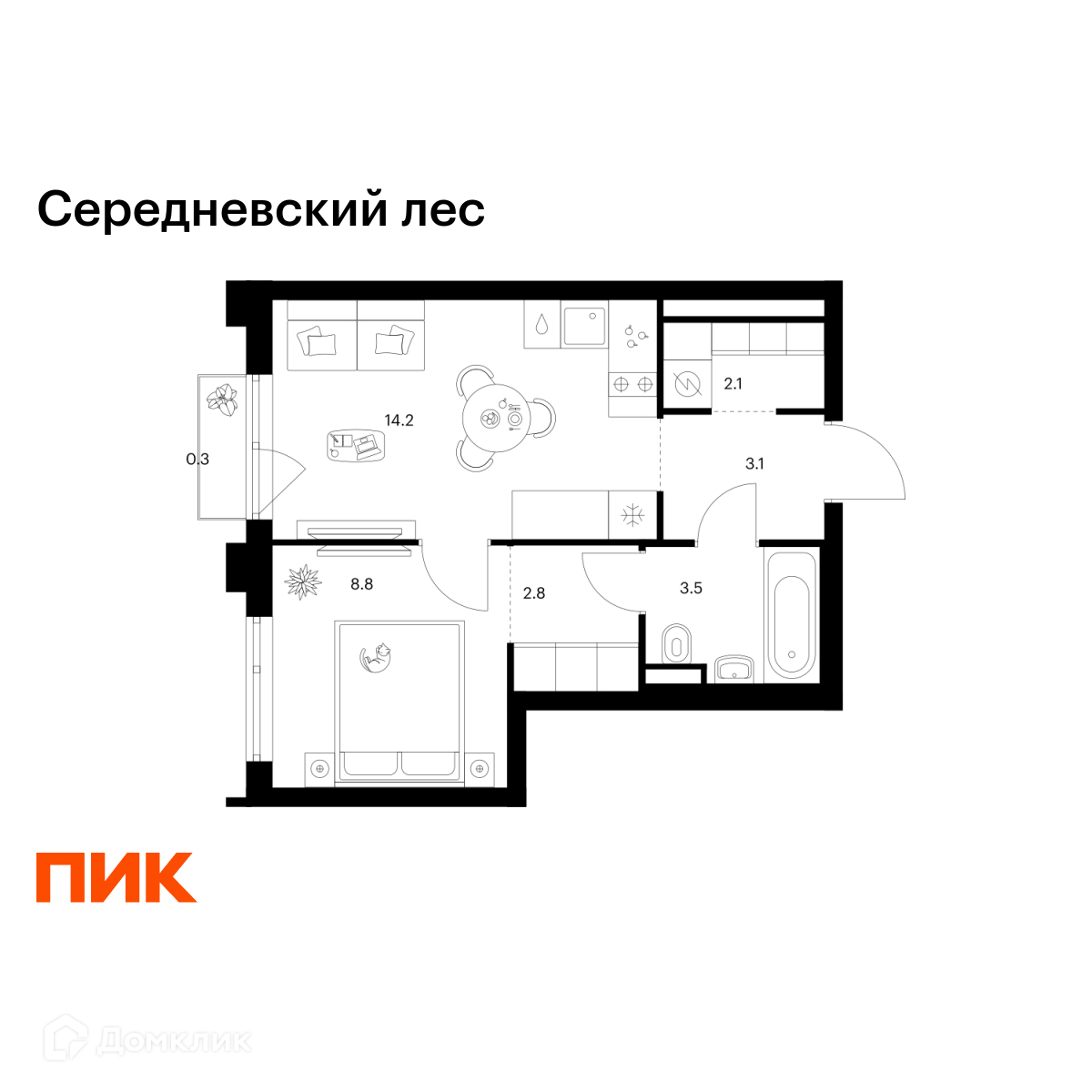 Планировка 1-комн. в ЖК «Середневский лес»