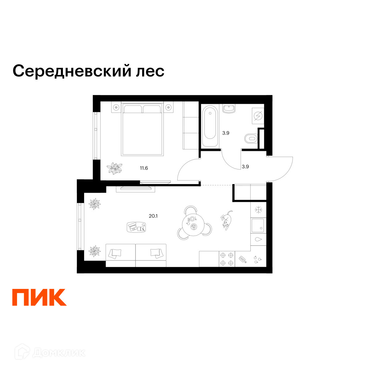 Планировка 1-комн. в ЖК «Середневский лес»