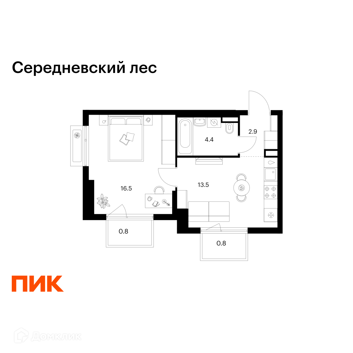 Планировка 1-комн. в ЖК «Середневский лес»