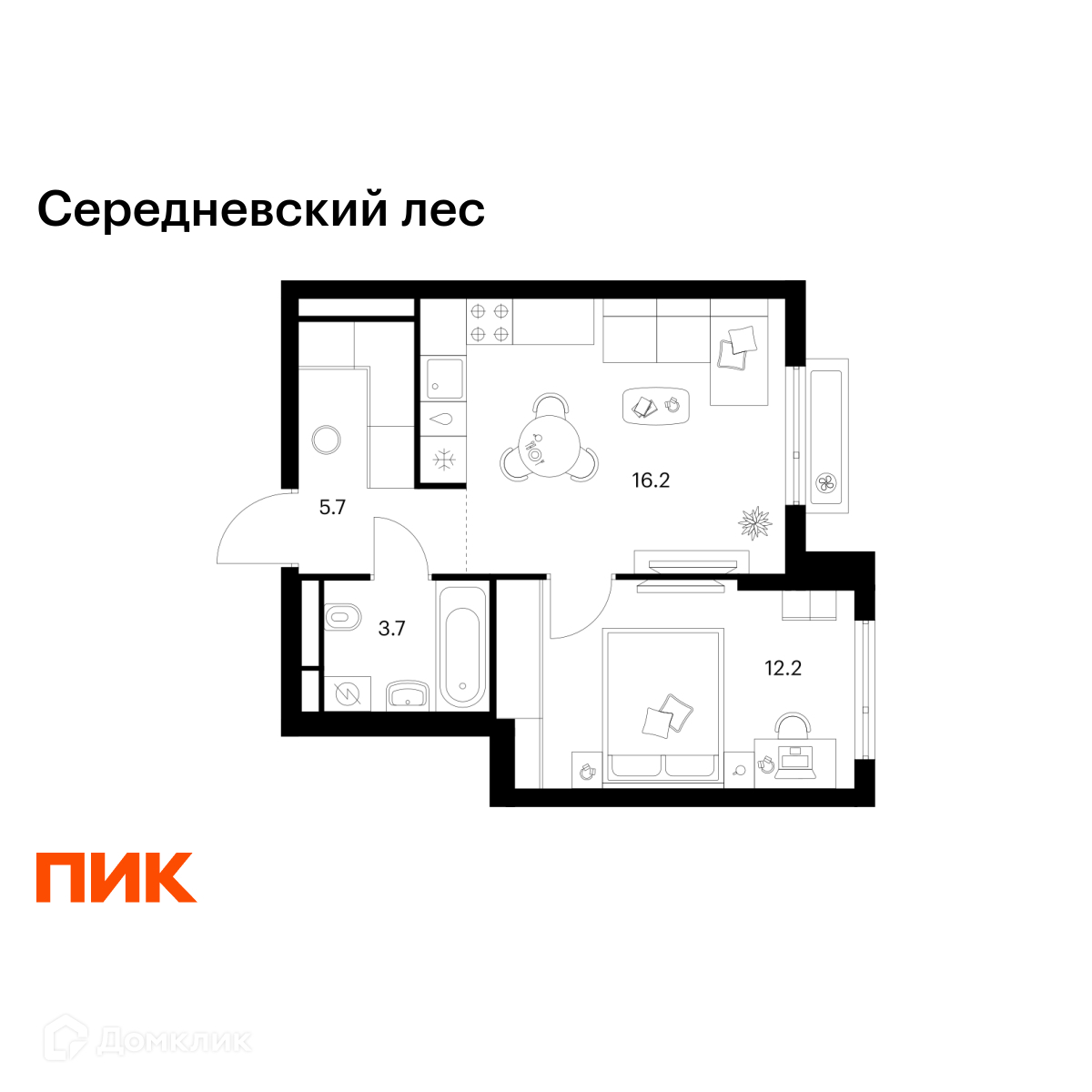 Планировка 1-комн. в ЖК «Середневский лес»