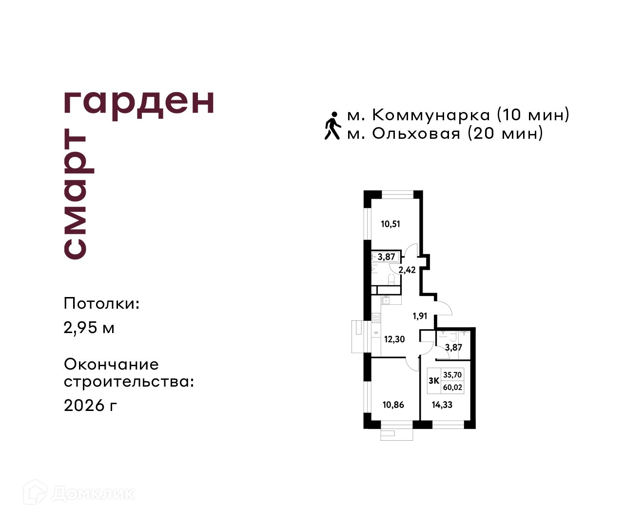 Планировка 3-комн. в ЖК «Смарт Гарден»
