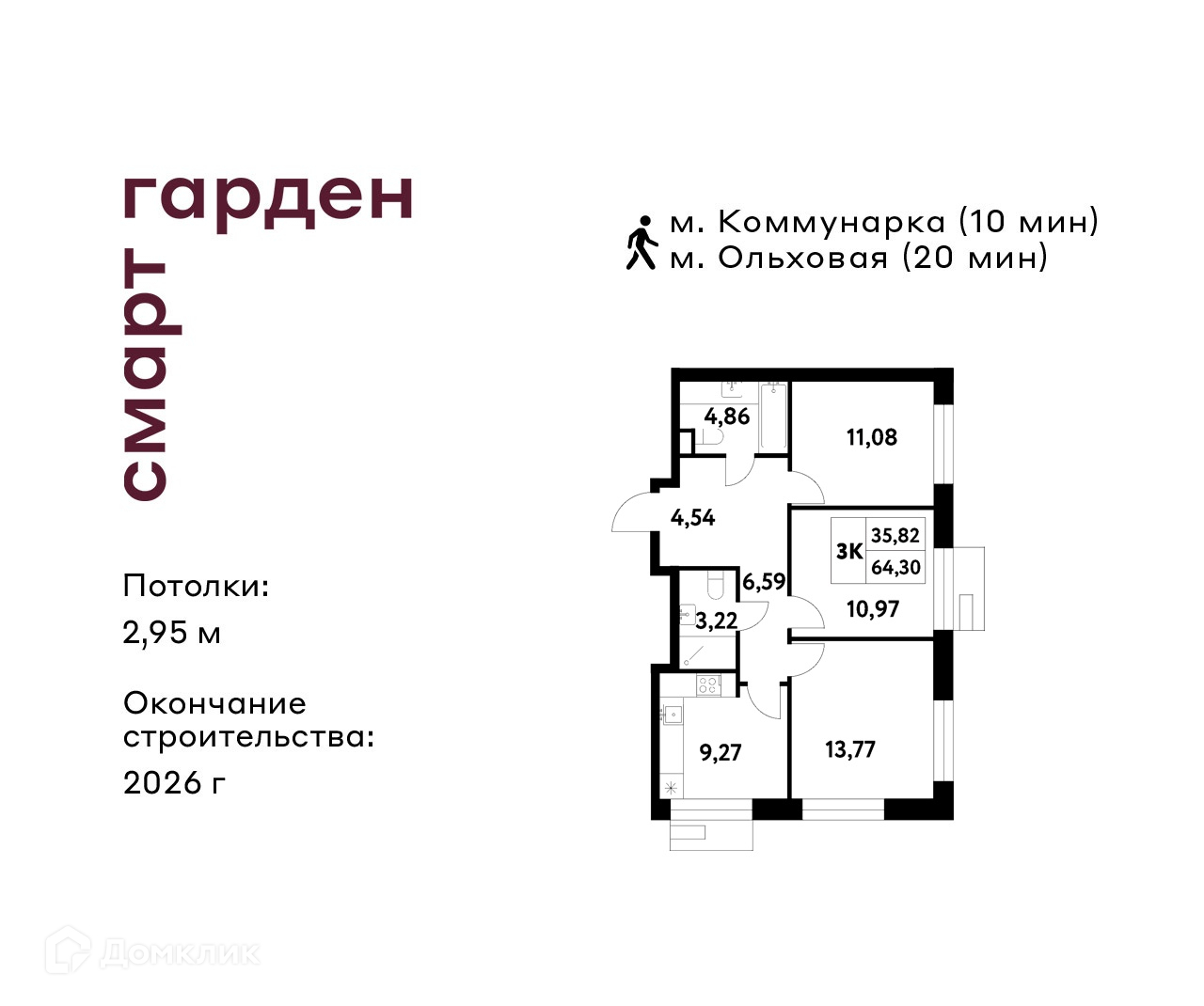 Планировка 3-комн. в ЖК «Смарт Гарден»