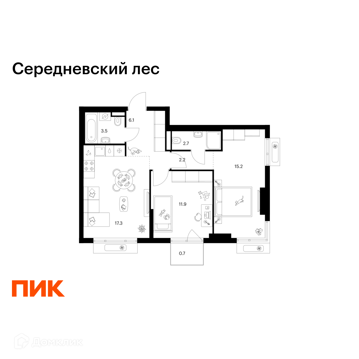Планировка 2-комн. в ЖК «Середневский лес»