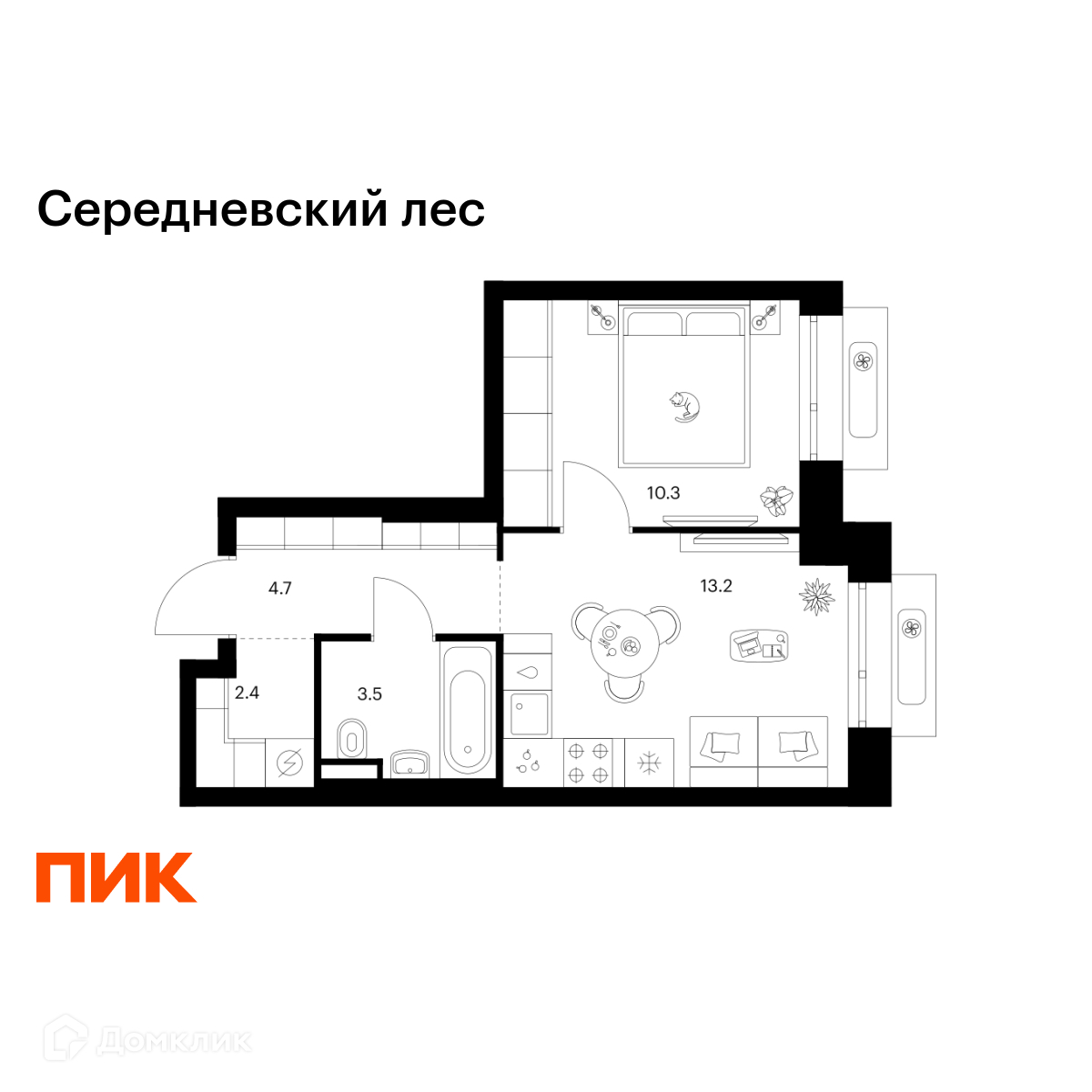 Планировка 1-комн. в ЖК «Середневский лес»