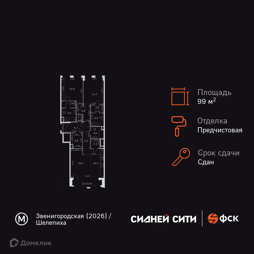 Планировка 2-комн. в ЖК «Сидней Сити»