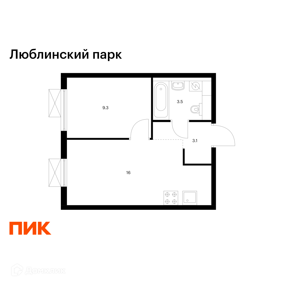 Планировка 1-комн. в ЖК «Люблинский парк»