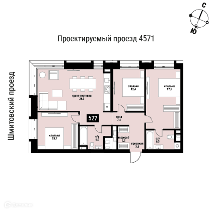 Планировка 3-комн. в ЖК «Шелепиха»