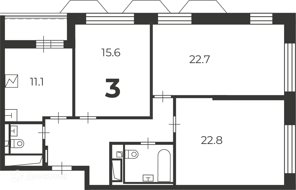 Планировка 3-комн. в ЖК «Чоботовская, 2А (Московские кварталы)»